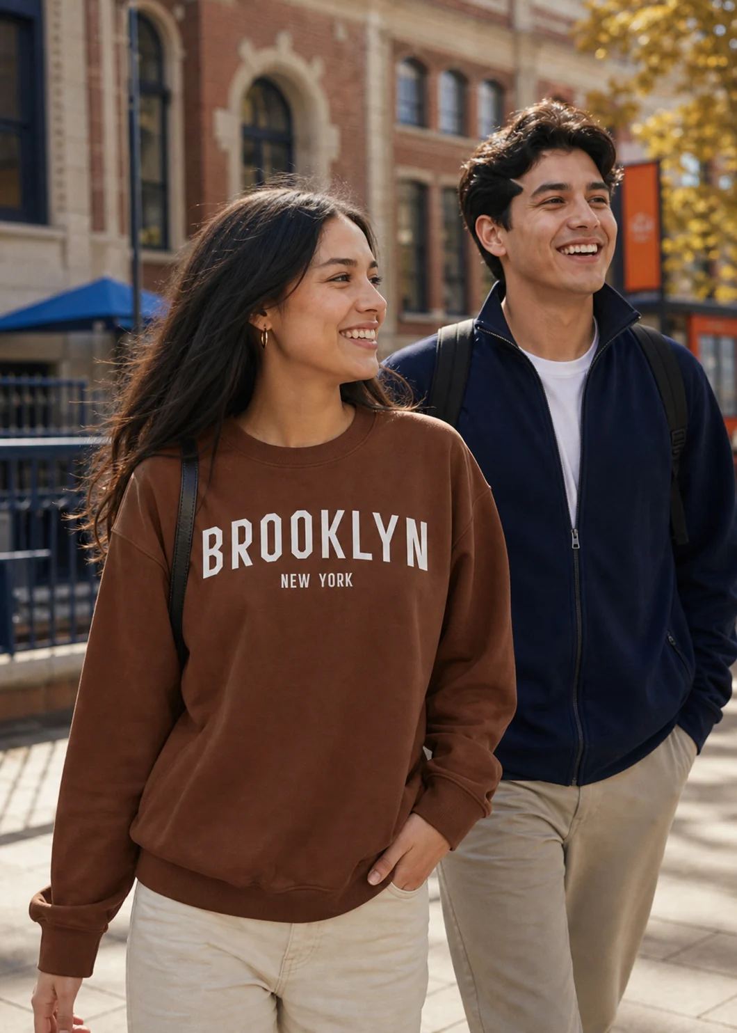 Estudiantes usando la sudadera Brooklyn y un quarter zip azul