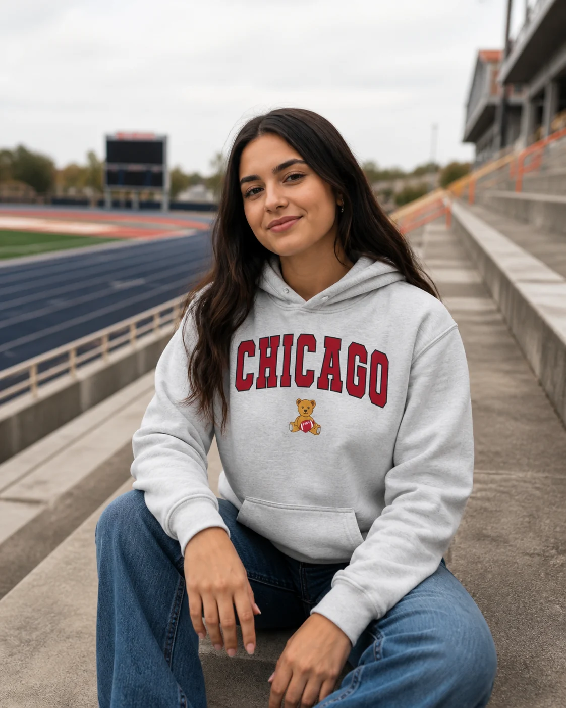 Estudiante usando la sudadera Chicago gris
