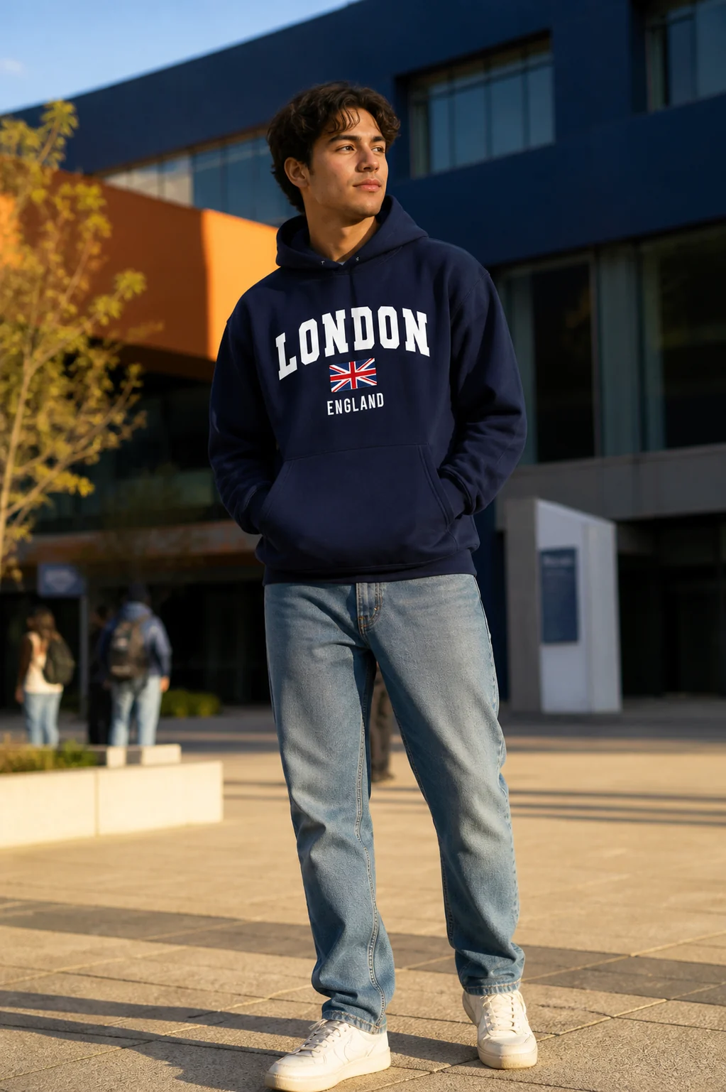 Estudiante usando la sudadera London azul marino