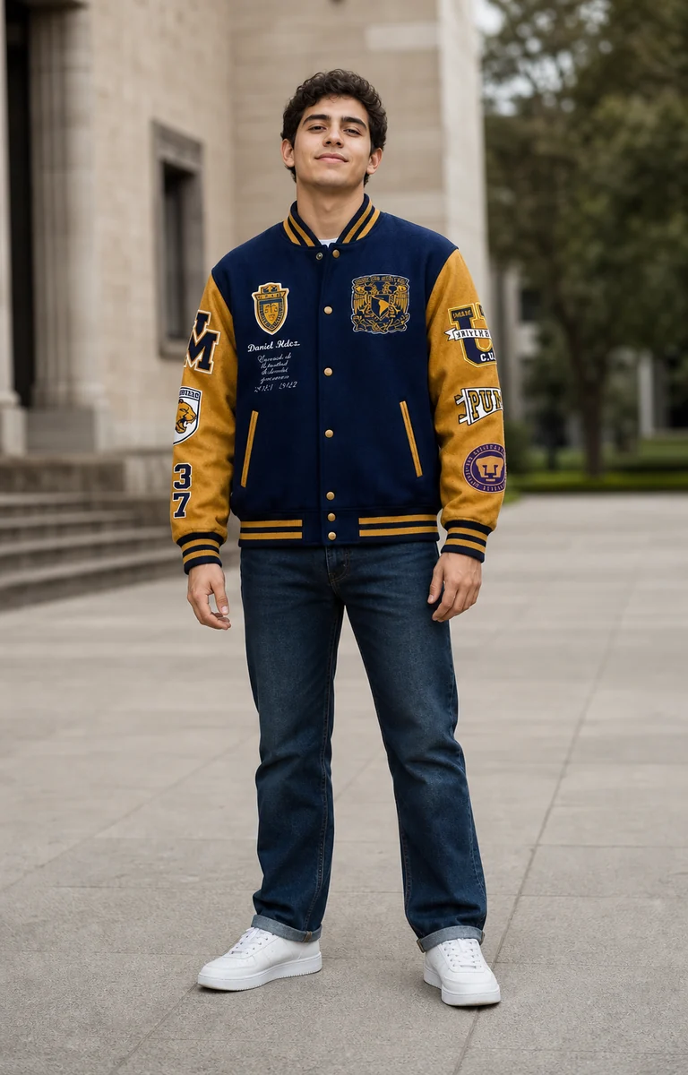 Estudiante usando Chamarra Varsity Derecho de la colección UNAM