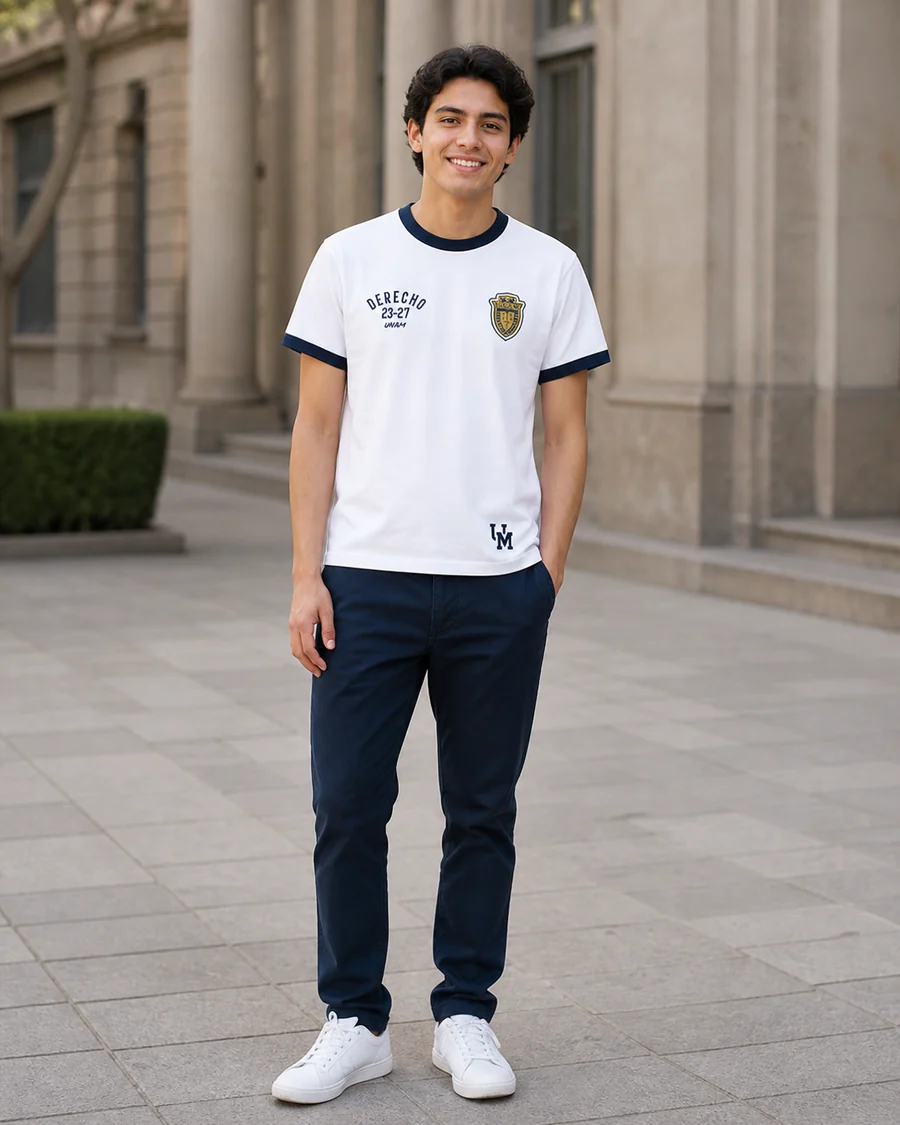 Estudiante usando Playera Derecho Ringer de la colección UNAM