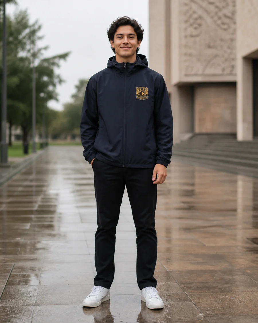 Estudiante usando Rompevientos Derecho de la colección UNAM